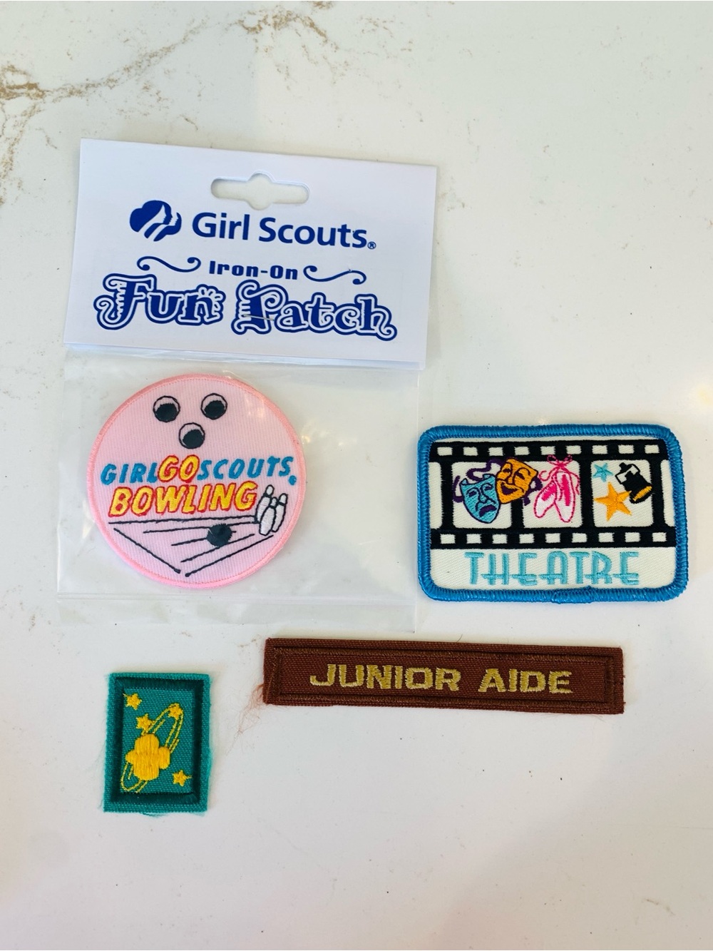 Assorted Vintage Girl Scouts Patches Theater, Jr. Aide, Gone Bowling GS Logo.